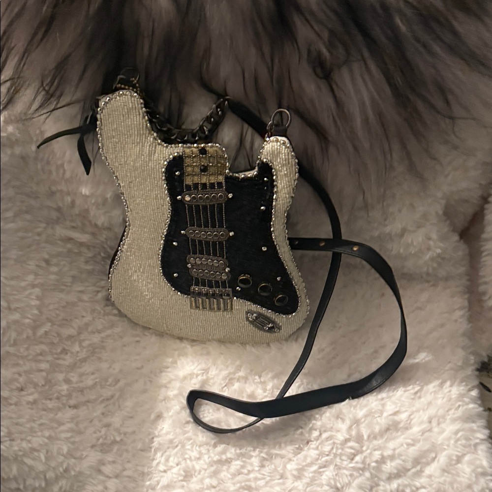 NWT! Mary Frances Beaded Guitar-Shaped Crossbody Bag - Ivory, Black & Gold - Picture 2 of 8